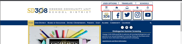 District Website clip with calendar, tyler portal, attendance, peach jar, a schedules highlighted. 